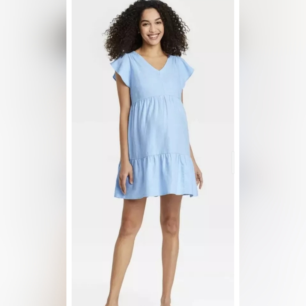 Isabel Maternity Women Dress XL Mini Short Sleeve Blue Linen Ingrid & Isabel